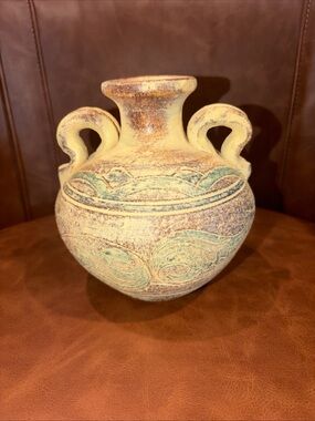 Vtg style Terracotta Jug Vase Painted Distressed Rustic Double Handles Artistic